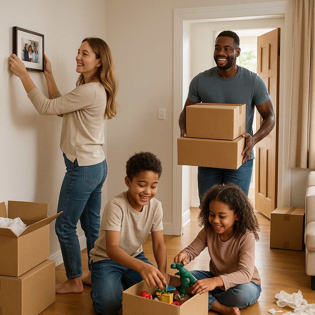 Happy family in front of new home